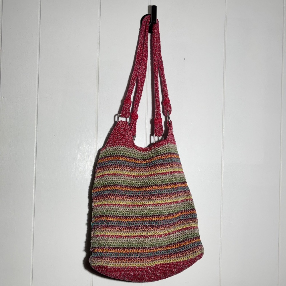 The Sak Boho Crochet Striped Shoulder Colorful Knit Bag Cottagecore Art Hippie - Picture 2 of 13